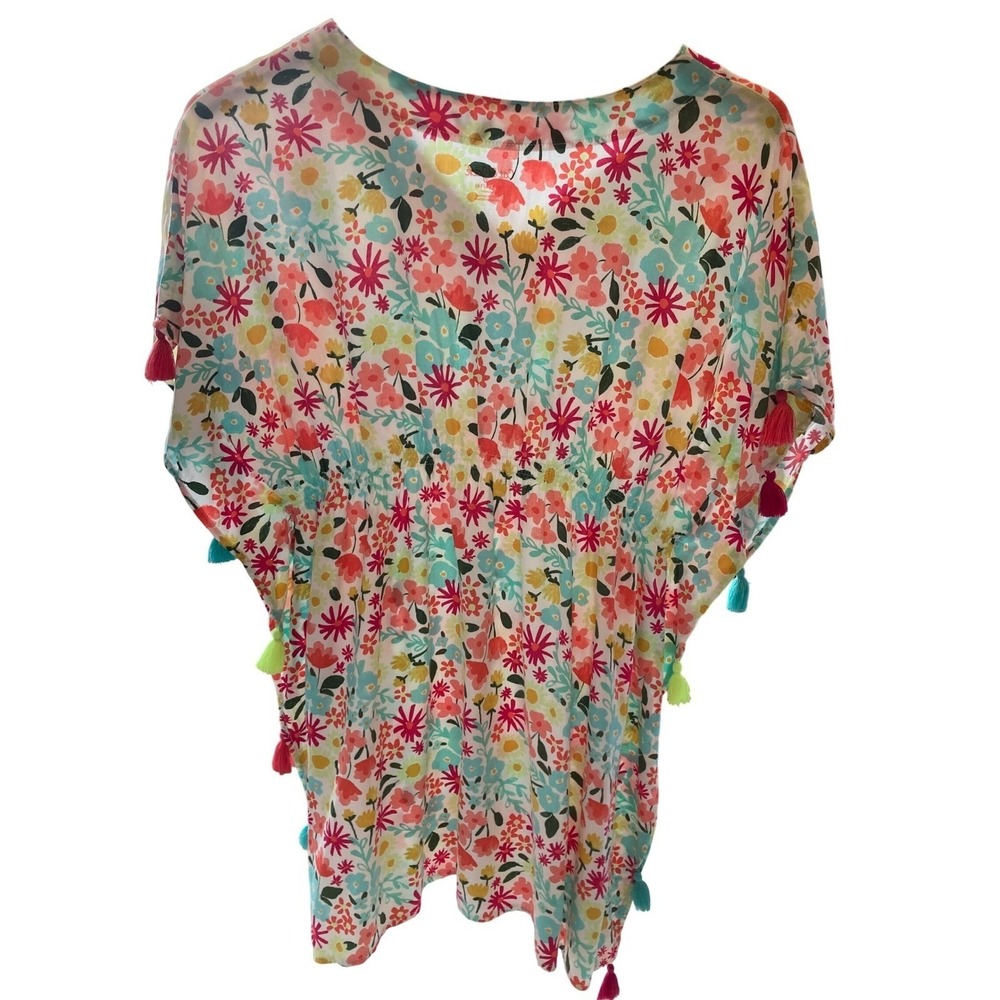 Cat & Jack Floral Kaftan Swim Cover Up Girls Tassel Trim V-Neck White XL 14/16 - Picture 10 of 10